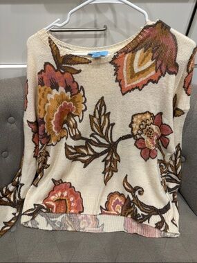 CeCe Cream Knit Crewneck Sweater with Pink & Mustard Floral Print